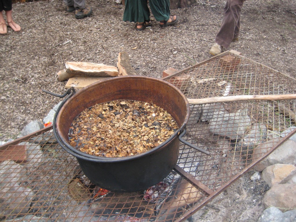 copper pot simmering oak galls